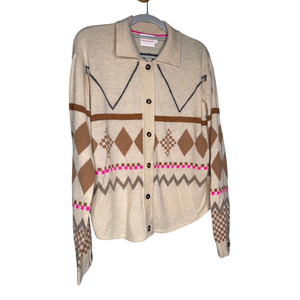 Brodie Cashmere Argyle Geometric Cardigan Sweater Neon Pink Cream Medium